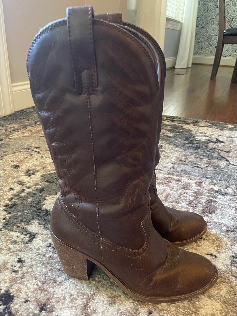 Women's Brown Faux Leather Western Boot with Block Heel